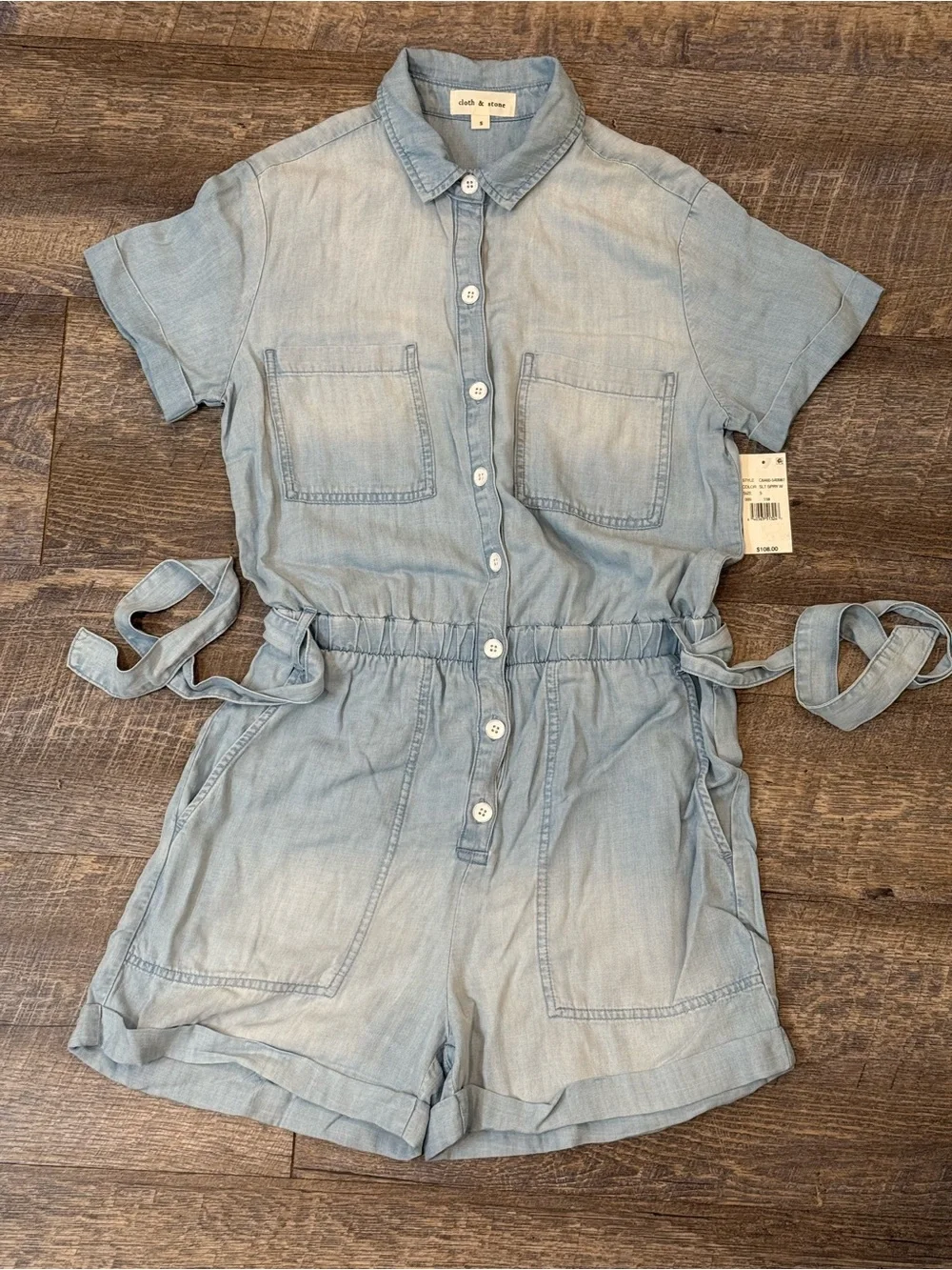 Cloth & Stone Light Wash Denim Romper with Tie Waist S